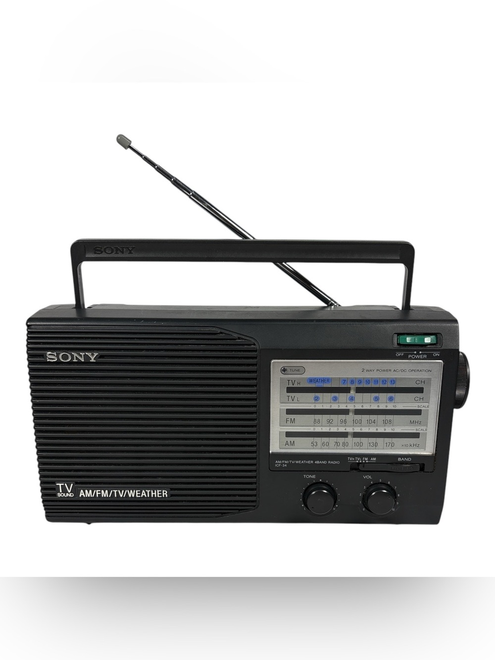 SONY ICF-34 AM/FM/TV/Weather 4 Band Portable Radio AC or Battery Working VTG